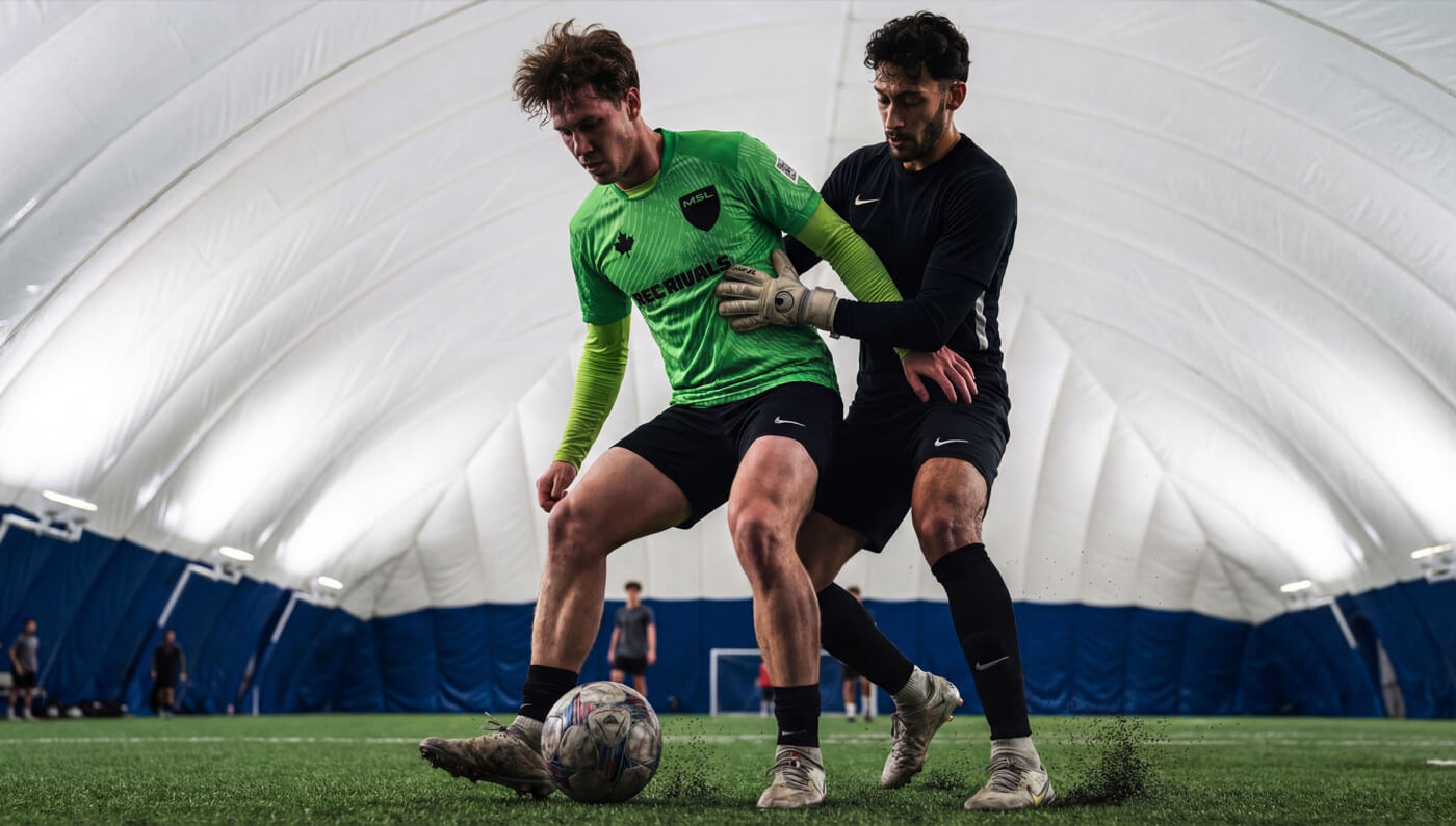 Players competing in an indoor soccer league match inside a Mississauga dome facility