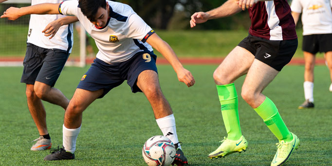 Sunday men's indoor soccer league in Mississauga at Applewood and Lakeshore Collegiate with active gameplay
